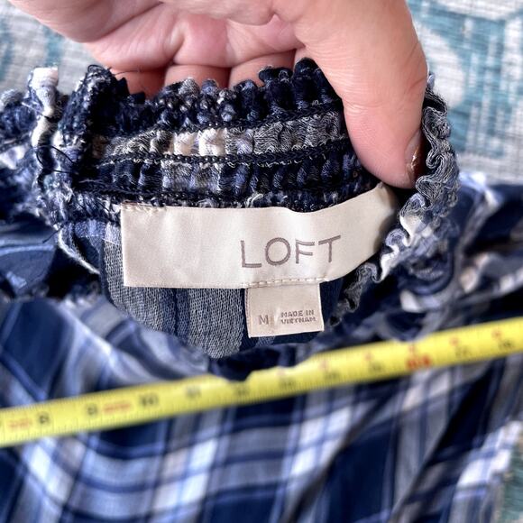 LOFT Blue Plaid Ruffle Mock Neck Blouse Long Sleeve Top - Size M - Picture 6 of 6